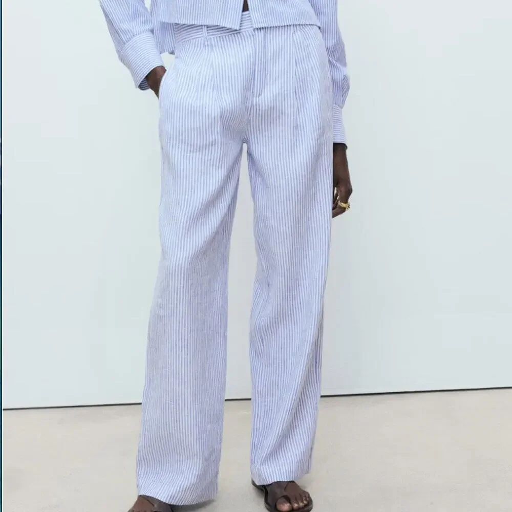 NWT Mango Striped Linen Blend Trousers Blue and White 2